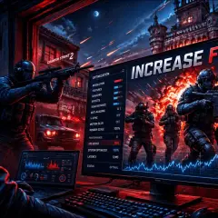 Gracz optymalizuje ustawienia CS2, by zwiększyć FPS. Na ekranie widać menu optymalizacji i grafikę z żołnierzami.