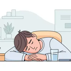 Mann mit geschlossenen Augen, der auf seinem Schreibtisch schläft. Ein Taschentuchspender und ein Glas Wasser sind in der Nähe. Dies sind typische Stress Symptome Mann.