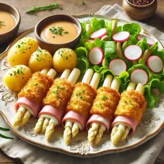Knuspriges Spargel Cordon Bleu mit Schinken, dazu Salzkartoffeln, Salat und Sauce.