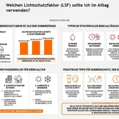 Sonnenschutz: LSF 30 oder 50 für Gesicht, Hals & Hände ganzjährig empfohlen. Bei hellem Hauttyp oder Anti-Aging LSF 50.
