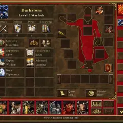Might and Magic 1: Bohater Darkstorm, poziom 5 Warlock, z atakami, obroną, mocą i wiedzą. Na mapie świata widać zimowy krajobraz.
