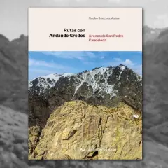 Libro "Rutas con Andando Gredos" sobre Arenas de San Pedro y Candeleda, con imagen de montañas nevadas.