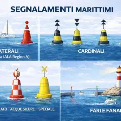 Un faro rosso e bianco illumina la costa rocciosa, guidando le imbarcazioni. Altri segnali marittimi, come boe, sono visibili in mare.