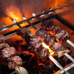 Fleischspieße mit Zwiebeln brutzeln über glühender Kohle. Perfekt, welches Fleisch zum Grillen!