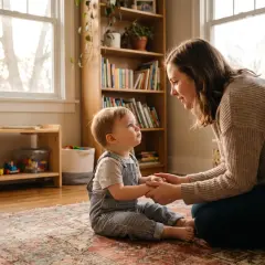 Matka i dziecko siedzą na dywanie, trzymając się za ręce. To obraz tego, co to jest szacunek: wzajemne spojrzenie pełne miłości i zrozumienia.