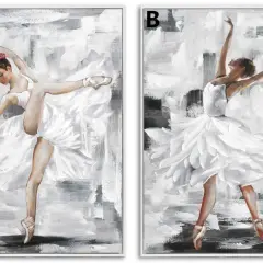Dos cuadros de bailarinas en movimiento, con tutús blancos vaporosos y fondos abstractos en blanco y negro.