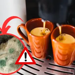Attenzione alla muffa nella moka! Un'immagine mostra caffè che cola in tazze arancioni, con un ingrandimento di muffa verde e bianca.