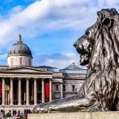 Lew przed monumentalnym budynkiem Muzeum Narodowego w Londynie.
