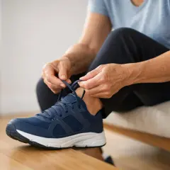 Mani anziane allacciano scarpe blu, affrontando la mancanza equilibrio gambe per un passo sicuro.
