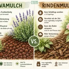 Lavamulch schützt Pflanzen vor Hitze und Frost, hält Wasser im Boden und ist langlebig. Rindenmulch verrottet und muss nachgefüllt werden.