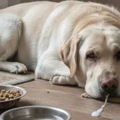 Labrador triste y enfermo, con espuma saliendo de su boca. Parece que mi perro no para de vomitar.
