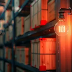 W magazynie, gdzie panuje mrok, świeci żarówka, przypominając o przepisach dotyczących oświetlenia awaryjnego.