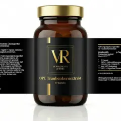 Braune Glasflasche mit VR OPC Traubenkernextrakt Kapseln. Gut für die Unterstützung bei Diabetes.