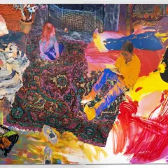 Vibrant contemporary figurative art depicts a family gathered in a colorful living room, with a child reading on a patterned rug.