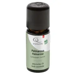 Kleine Flasche ätherisches Palmarosa Öl. Die **Palmarosa Wirkung Psyche** wird durch den Duft positiv beeinflusst.