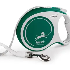 Laisse à enrouleur Flexi Comfort Plus verte et blanche, avec un chien stylisé. Idéale pour les promenades de votre compagnon.