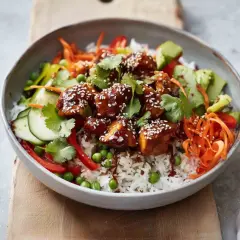 Pyszny bowl z kurczakiem w sosie teriyaki, ryżem, chrupiącą marchewką, ogórkiem, groszkiem i papryką.