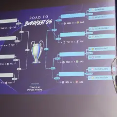 Liga mistrzów drabinka do Budapesztu 26. Widoczny puchar i ścieżki do finału z nazwami drużyn.