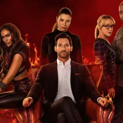 Le casting des épisodes de Lucifer, avec Lucifer Morningstar au centre, entouré de ses acolytes sur fond de flammes infernales.
