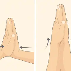 Mani giunte in preghiera, con frecce che indicano come scrocchiare il polso con una leggera pressione.