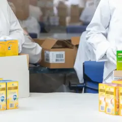 Pracownicy w białych fartuchach zajmują się konfekcjonowaniem herbaty. Widać pudełka z rumiankiem i zieloną herbatą.