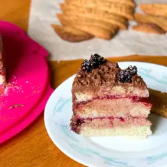 En bit av en läcker vegansk tårta med chokladfrosting och björnbär. Bredvid ligger en bit av en annan tårta och några kex.