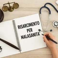 Bilancia della giustizia, martelletto e stetoscopio su un tavolo. Un quaderno aperto mostra "RISARCIMENTO PER MALASANITA'", evocando il decreto Balduzzi.