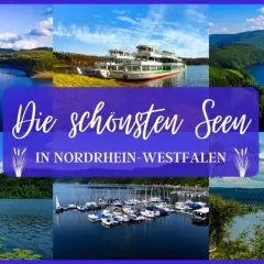 Schöne Seen in NRW laden zum Spazieren gehen ein. Die Collage zeigt verschiedene Wasserlandschaften mit Booten und grünen Ufern.