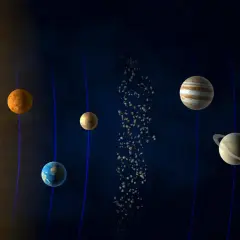 Ilustracja Układu Słonecznego z Słońcem i planetami na tle gwiazd.