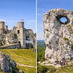 Ruiny zamków na Jurze Krakowsko-Częstochowskiej. Po lewej zamek na skale, po prawej skała z otworem i wspinaczami.