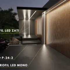 Nowoczesna willa z eleganckim oświetleniem. Profil LED w podbitce podkreśla architekturę, a pionowe linie światła na drewnianej elewacji tworzą przytulną atmosferę.