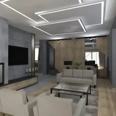 Nowoczesny salon z betonową ścianą, kominkiem i telewizorem. Stylowe **oświetlenie punktowe bez sufitu podwieszanego** tworzy unikalny klimat.