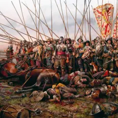 Los tercios españoles, con sus picas alzadas, enfrentan la batalla. Caídos y caballos yacen en el campo, testigos del fragor.