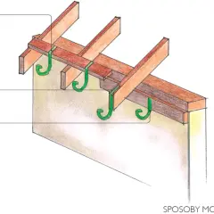 Ilustracja pokazuje sposoby mocowania haków do rynny spustowej do deski okapowej, krokwi i deski czołowej.