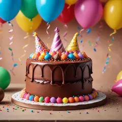 En härlig chokladtårta med färgglada partyhattar och dekorationer, perfekt för en barnkalas. Ballonger och konfetti skapar en festlig stämning.