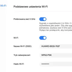 Ustawienia Wi-Fi: nazwa sieci HUAWEI-B535-762F, zabezpieczenia WPA2-PSK. Dowiedz się, jak wejść na stronę routera, by je zmienić.
