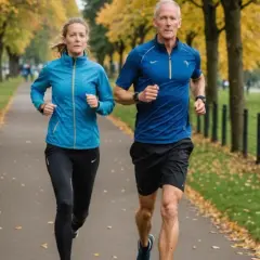 Para biegnie aleją w parku jesienią. Kobieta w niebieskiej kurtce i mężczyzna w niebieskiej koszulce, oboje w sportowym stroju, cieszą się aktywnością. To piękny bieg anglosaski.