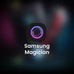 Ikona aplikacji Samsung Magician z neonowym okręgiem i nazwą programu.