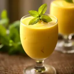 Orzeźwiający koktajl z mango, udekorowany listkami mięty, w szklance na nóżce. W tle drugi taki sam napój.