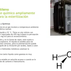 Persona con traje protector carga cajas en cámara de esterilización con óxido de etileno. Estructura química del óxido de etileno.