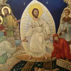 Christus erhebt sich aus dem Grab, um die Toten zu erlösen. Ein Mann und eine Frau werden aus der Dunkelheit gezogen, was zeigt, was passiert nach dem Tod.