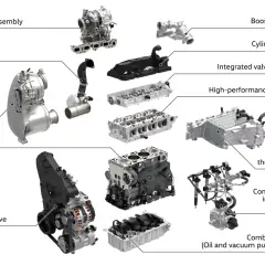 Silnik 2.0 TDI z turbosprężarką dwustopniową, układem EGR, głowicą, wtryskiem common-rail i innymi elementami.