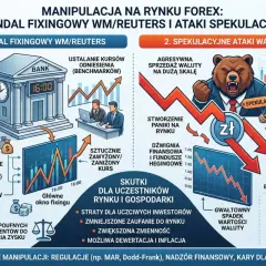 Ilustracja pokazuje, jak działa forex, przedstawiając manipulacje na rynku: skandal fixingowy i ataki spekulacyjne.