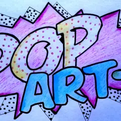 Kolorowe, łatwe rysunki w stylu pop art z napisem "POP ART!" na tle wybuchu w komiksowym stylu.