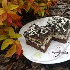 Dwa kawałki pysznego, pieczonego sernika Oreo z kremową masą i kawałkami ciastek, udekorowane białą czekoladą.