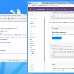 Kod HTML i CSS na ekranie pokazują, jak zacząć stronę HTML z użyciem Bootstrap. Widoczny jest edytor kodu i przeglądarka z dokumentacją.