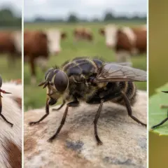 Zbliżenie na muchę końską z wielkimi, tęczowymi oczami, siedzącą na krowie i liściu. W tle pasące się bydło.