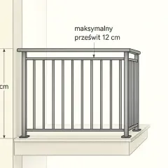 Wysokość balustrady balkonowej 110-120 cm. Maksymalny prześwit między elementami to 12 cm, zapewniając bezpieczeństwo.