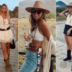 Estilo boho chic: tres mujeres con sombreros, vestidos vaporosos, shorts y botas, capturando la esencia libre y bohemia.