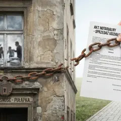 Akt notarialny "Sprzedaż udziału" z kluczami i zerwanym łańcuchem symbolizuje problem, czy można sprzedać współwłasność bez zgody współwłaściciela.